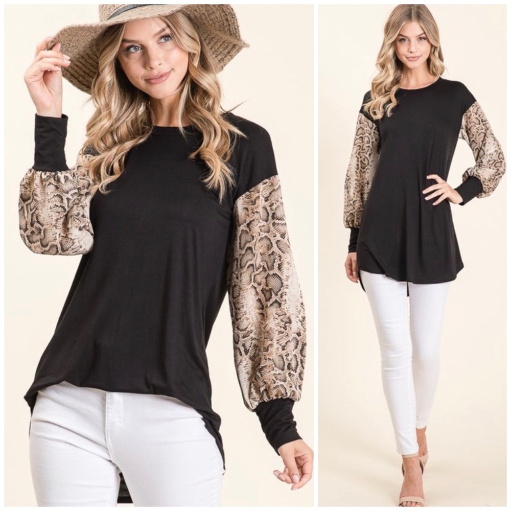 Black Snakeskin Print Long Sleeve Top